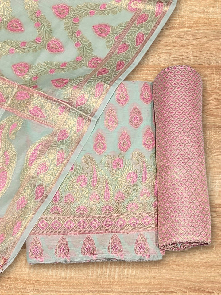 Meenakari Woven Handloom Chanderi Dress Material with Tasseled Dupatta & Brocade Salwar