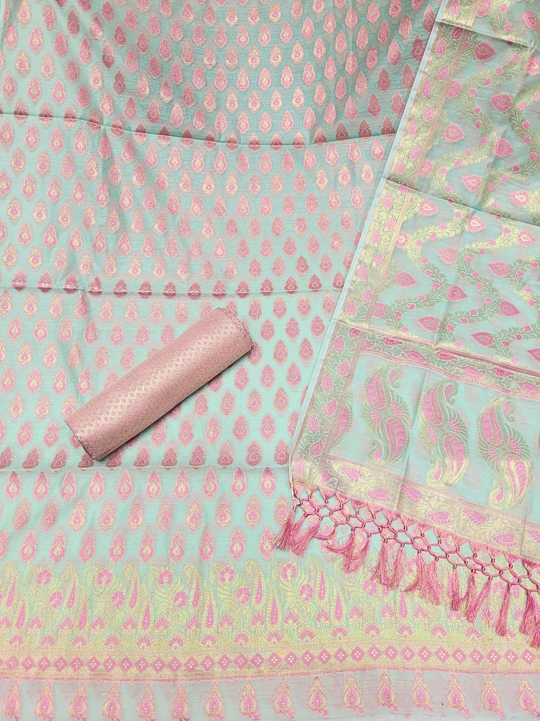 Meenakari Woven Handloom Chanderi Dress Material with Tasseled Dupatta & Brocade Salwar