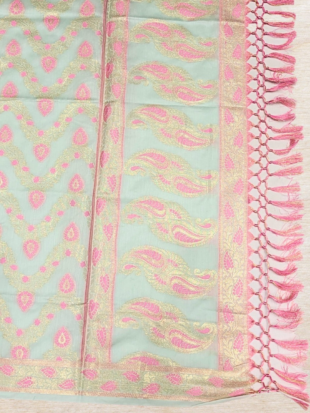 Meenakari Woven Handloom Chanderi Dress Material with Tasseled Dupatta & Brocade Salwar