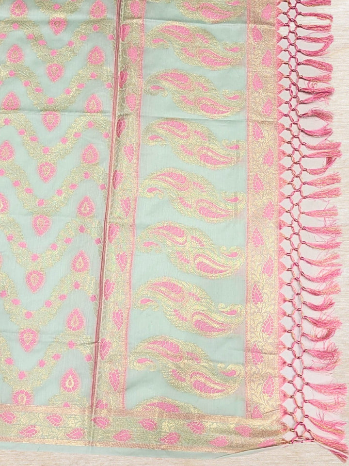 Meenakari Woven Handloom Chanderi Dress Material with Tasseled Dupatta & Brocade Salwar