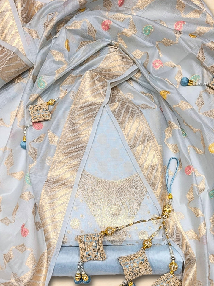 Banarasi Tissue Pastel Dress Material with Zari Weaving  & Jhallar Meenakari Dupatta