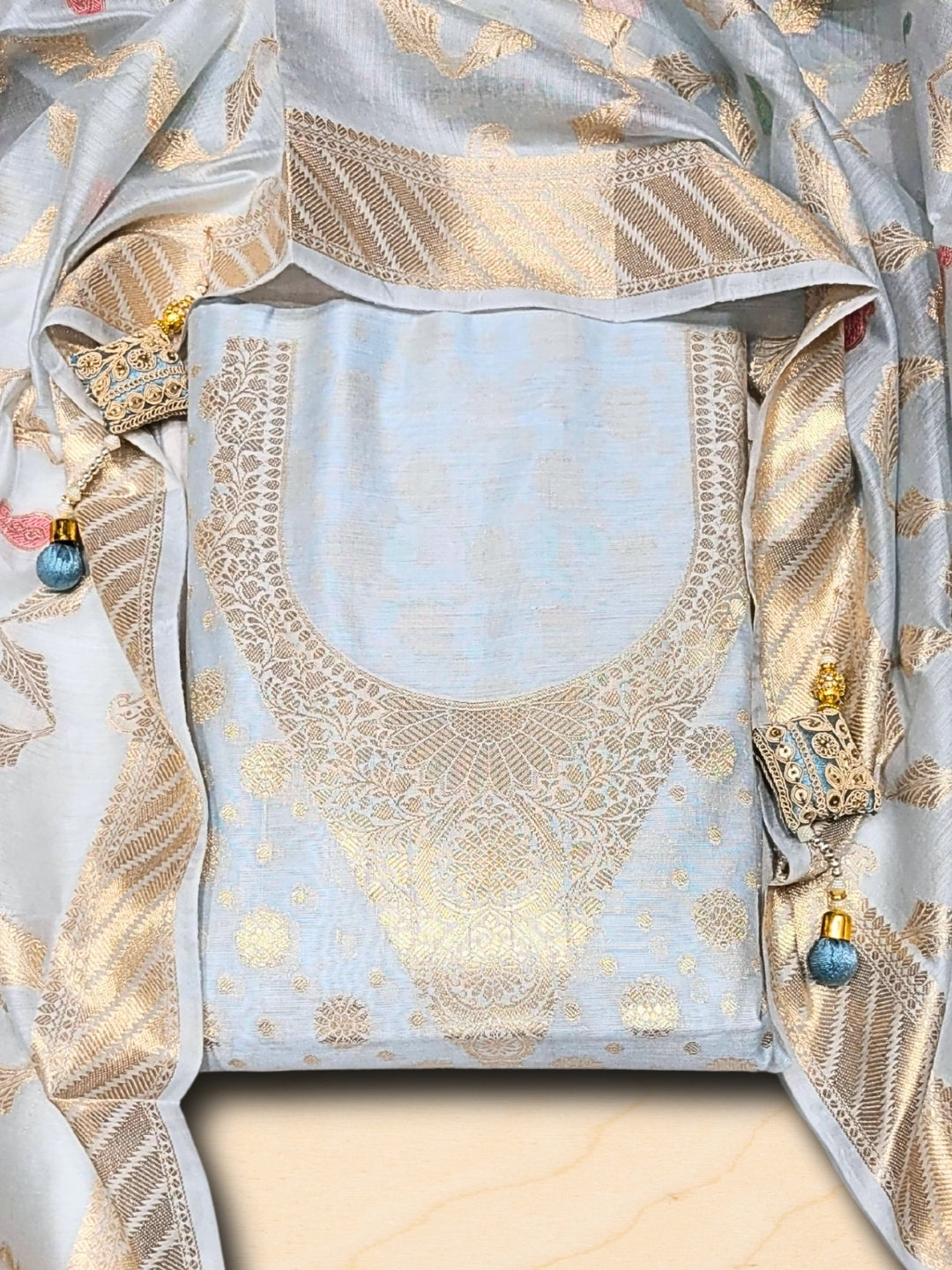 Banarasi Tissue Pastel Dress Material with Zari Weaving  & Jhallar Meenakari Dupatta