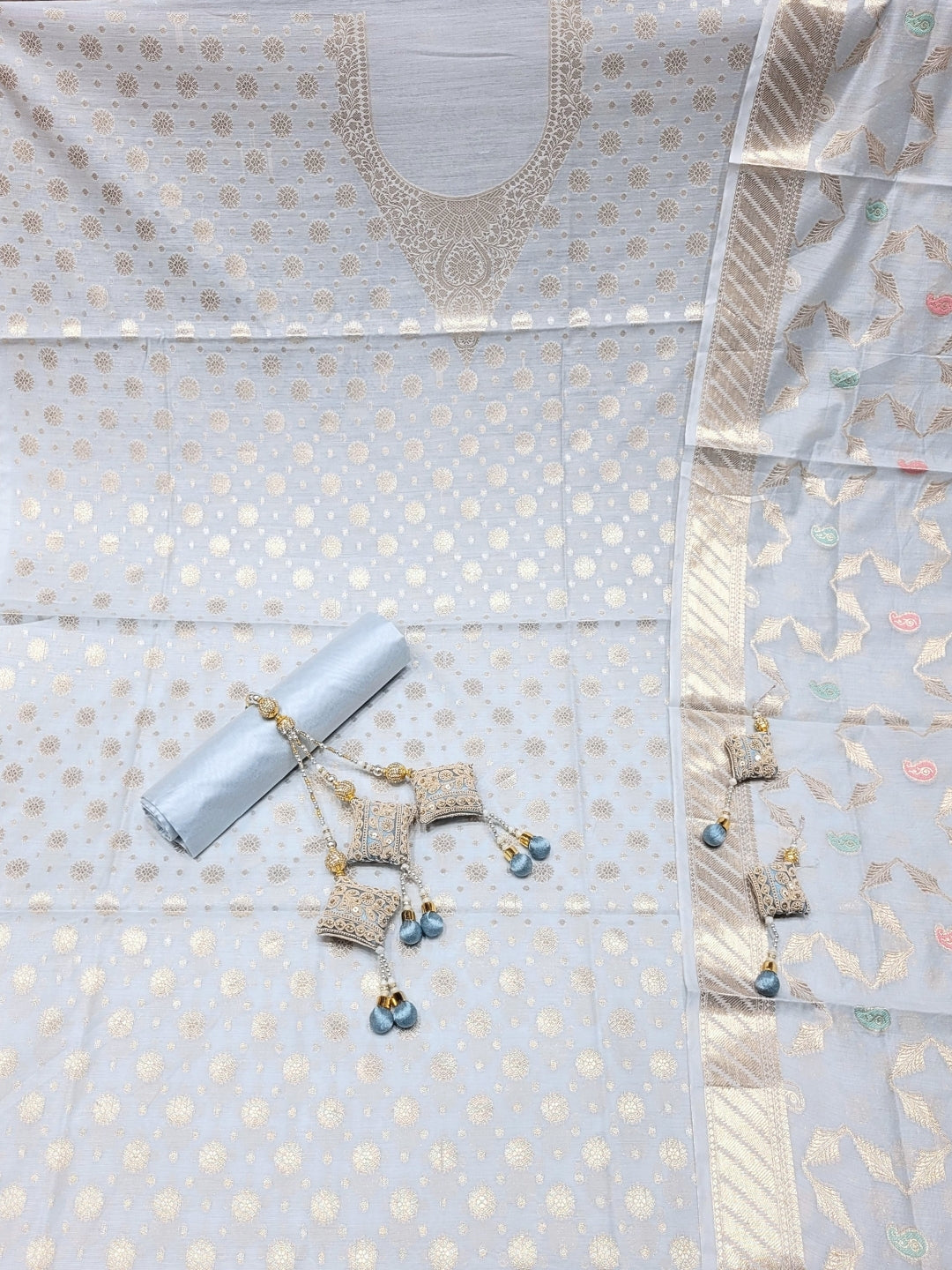 Banarasi Tissue Pastel Dress Material with Zari Weaving  & Jhallar Meenakari Dupatta
