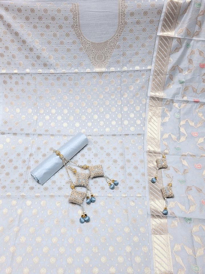 Banarasi Tissue Pastel Dress Material with Zari Weaving  & Jhallar Meenakari Dupatta