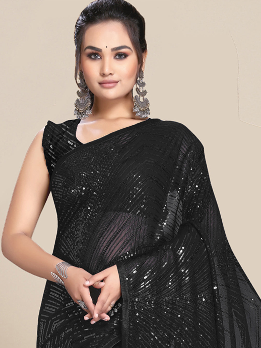 Black Sequin Embroidered Georgette Saree with Geometrical wavy pattern