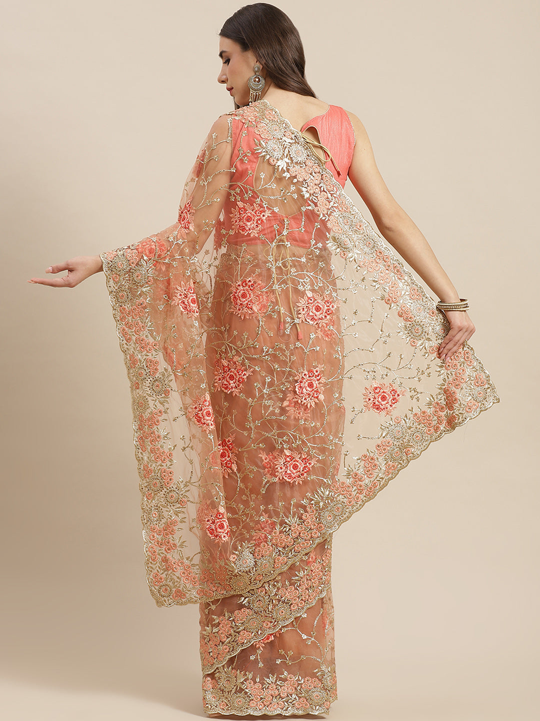 Peach Net Floral Zari & Resham Embroidered Saree With Cutwork Border