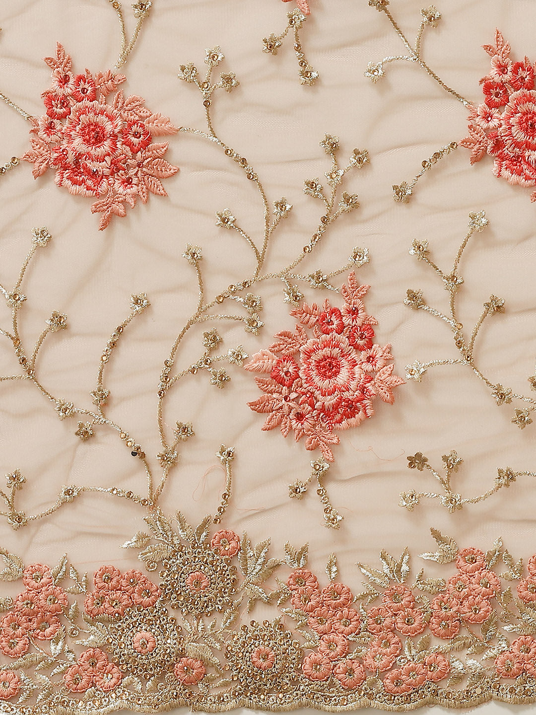 Peach Net Floral Zari & Resham Embroidered Saree With Cutwork Border