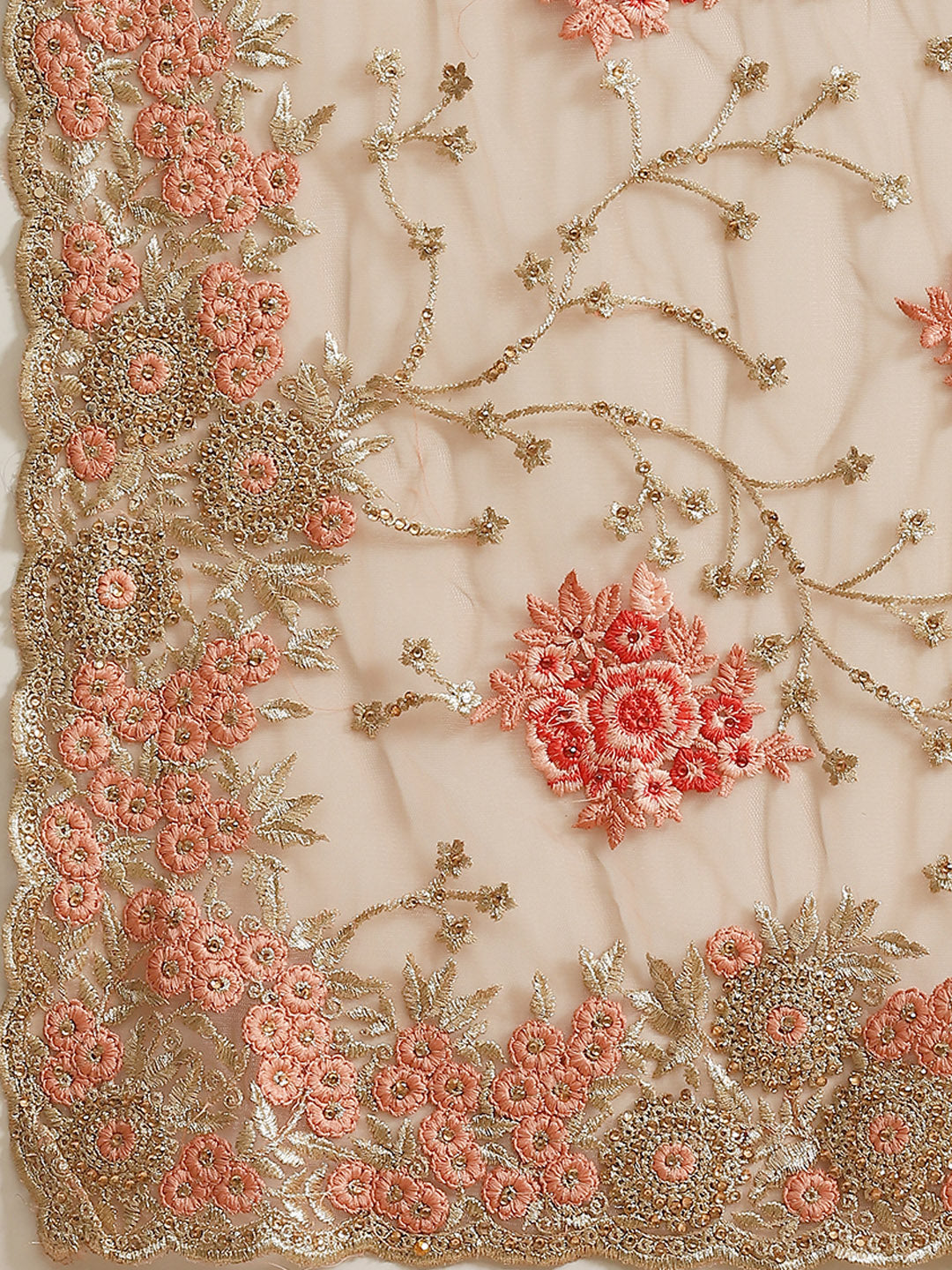 Peach Net Floral Zari & Resham Embroidered Saree With Cutwork Border
