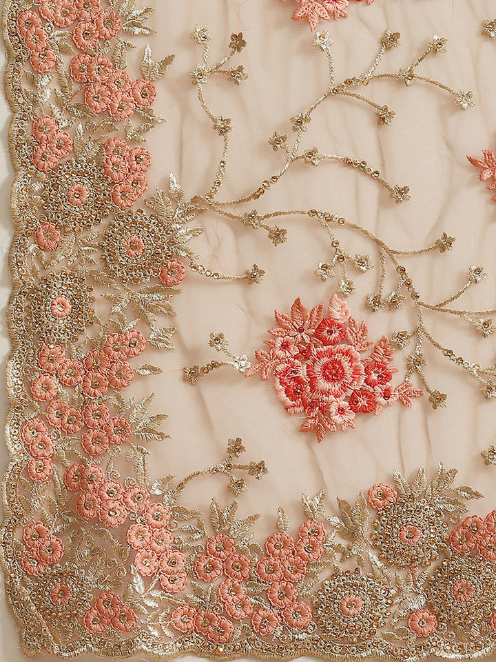 Peach Net Floral Zari & Resham Embroidered Saree With Cutwork Border