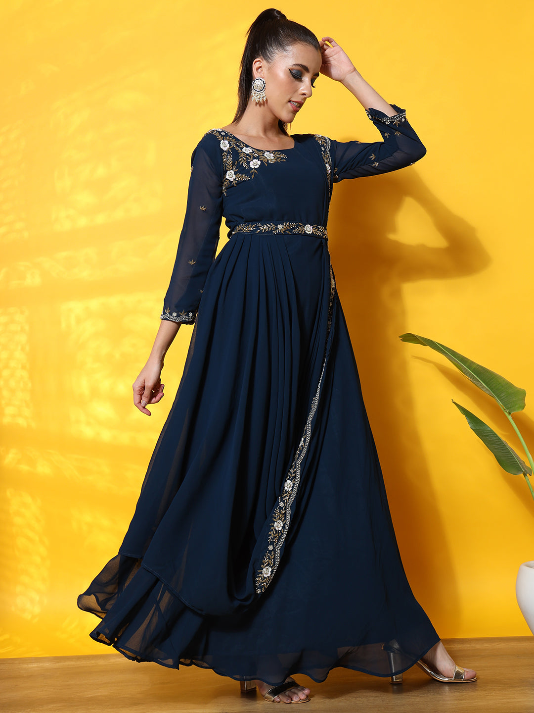 Pre Draped Saree Style Dress with Attached dupatta & Belt