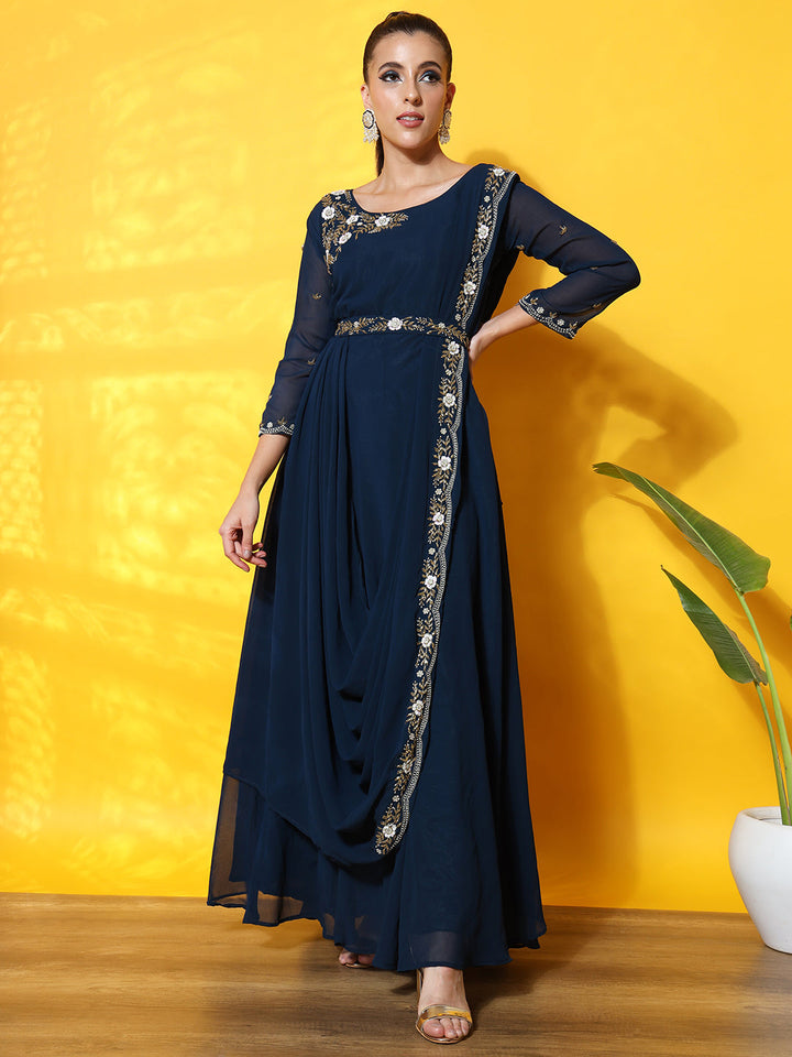 Pre Draped Saree Style Dress with Attached dupatta & Belt