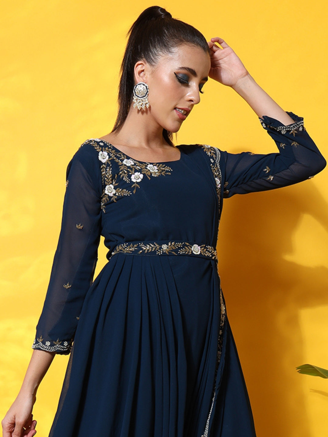 Pre Draped Saree Style Dress with Attached dupatta & Belt