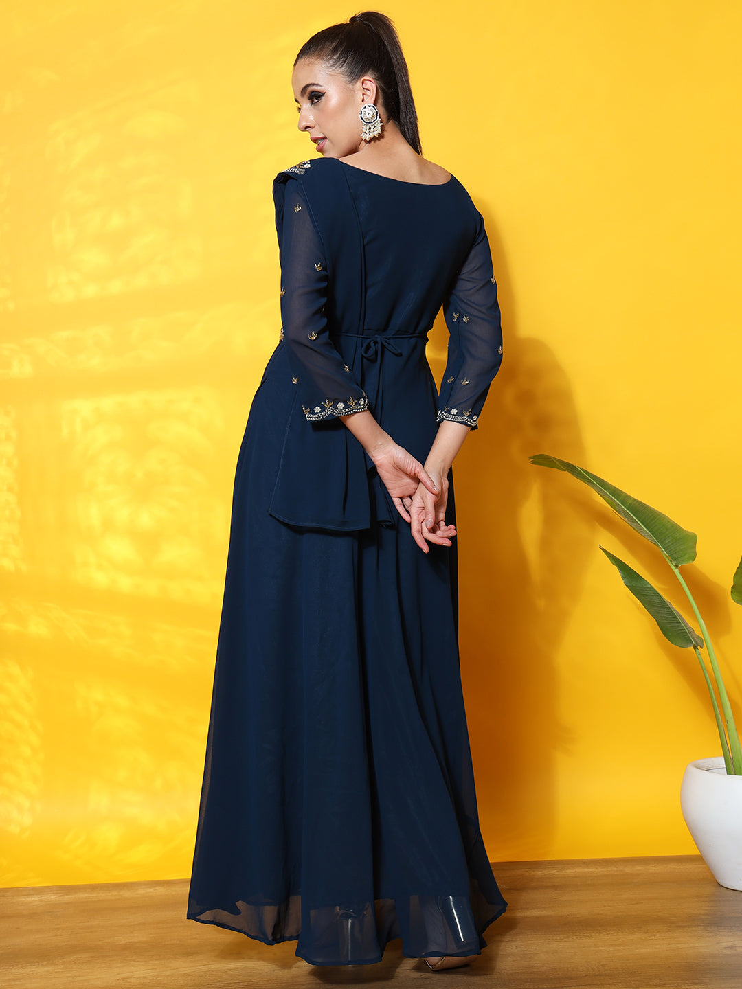 Pre Draped Saree Style Dress with Attached dupatta & Belt