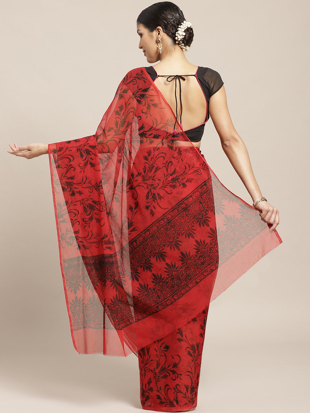 Red Chiffon Saree with Contemporary Floral Tulip Prints and ColorBlocking