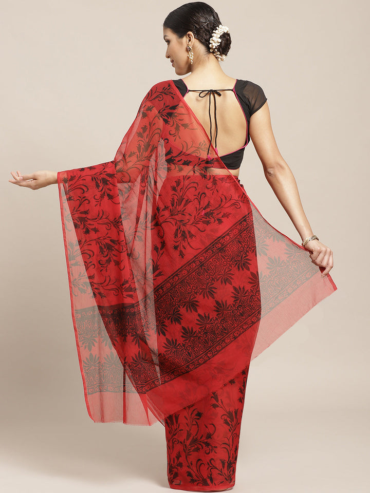 Red Chiffon Saree with Contemporary Floral Tulip Prints and ColorBlocking