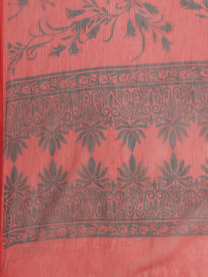 Red Chiffon Saree with Contemporary Floral Tulip Prints and ColorBlocking