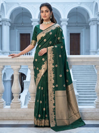 Bottle Green Banarasi Silk Saree with Zari Woven Border and Blouse Piece