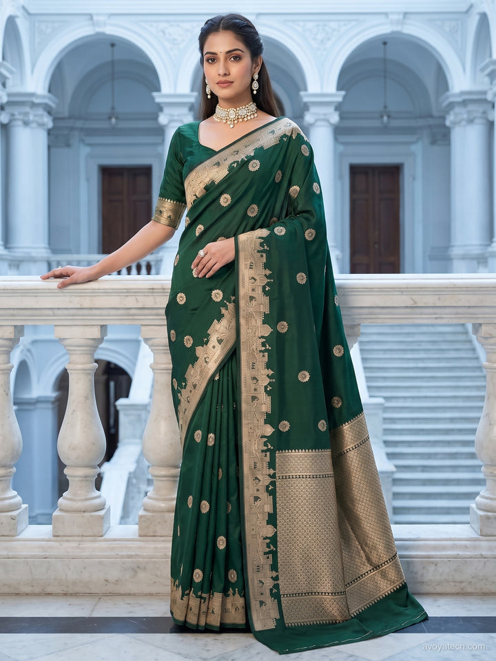 Bottle Green Banarasi Silk Saree with Zari Woven Border and Blouse Piece
