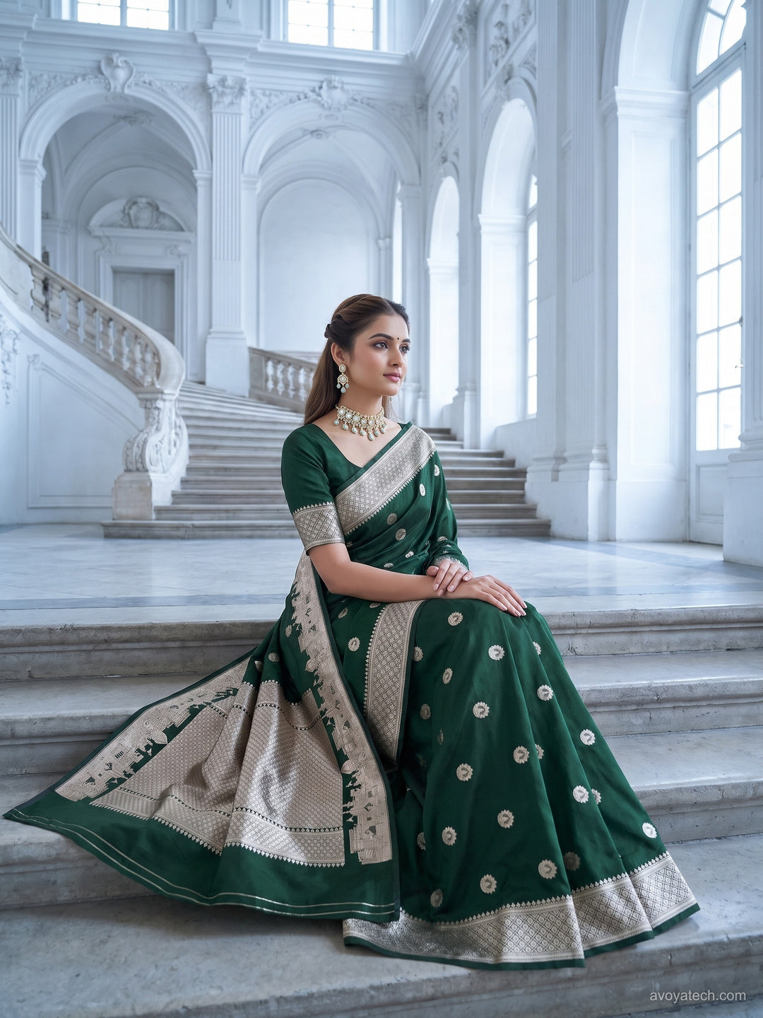 Bottle Green Banarasi Silk Saree with Zari Woven Border and Blouse Piece