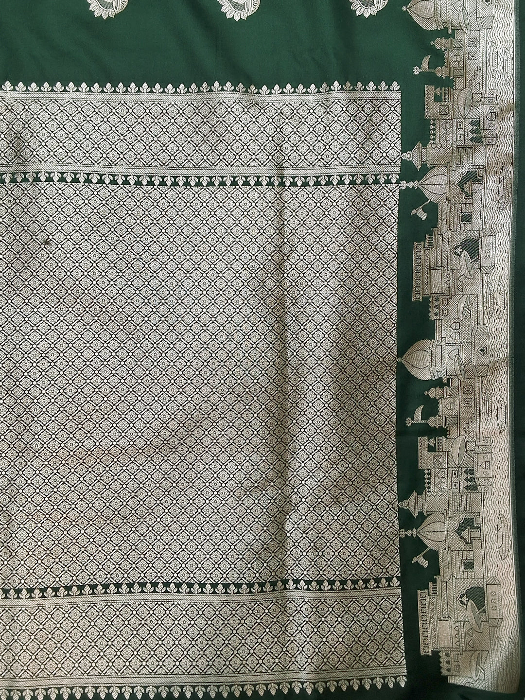 Bottle Green Banarasi Silk Saree with Zari Woven Border and Blouse Piece