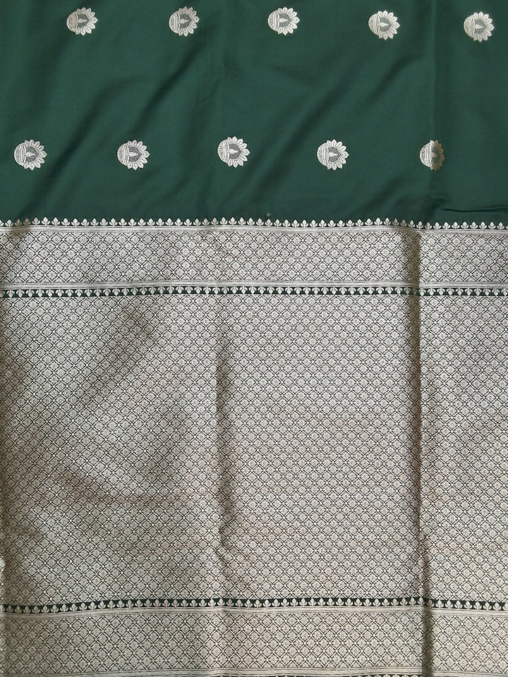 Bottle Green Banarasi Silk Saree with Zari Woven Border and Blouse Piece