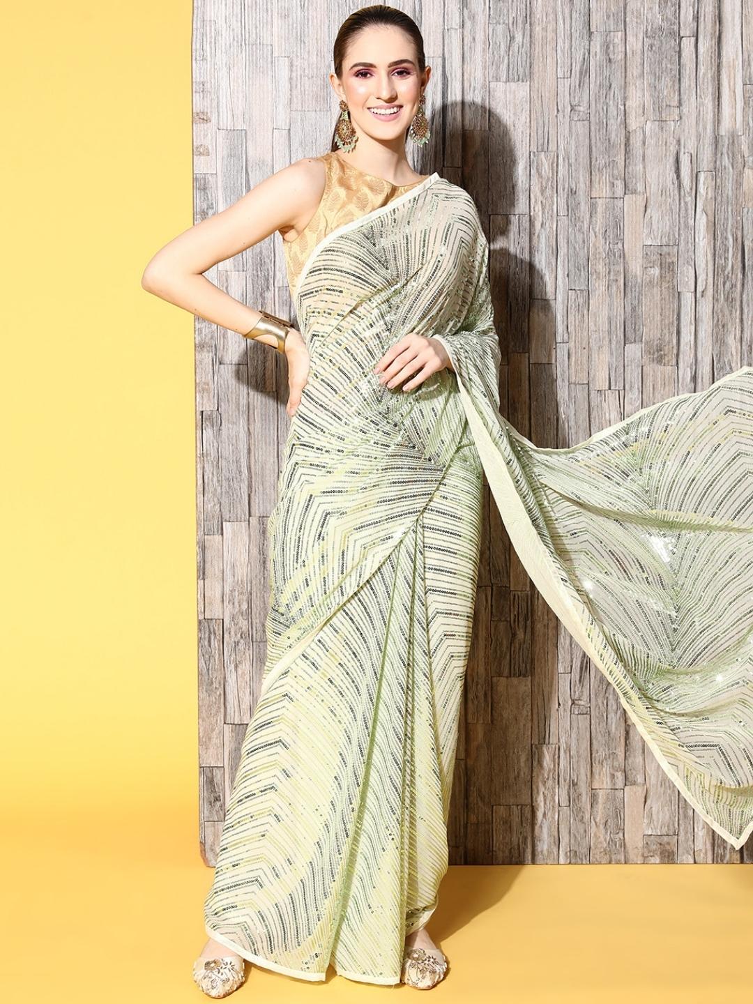 Sea Green Crystal Studded Saree with Resham Embroidered Floral motifs
