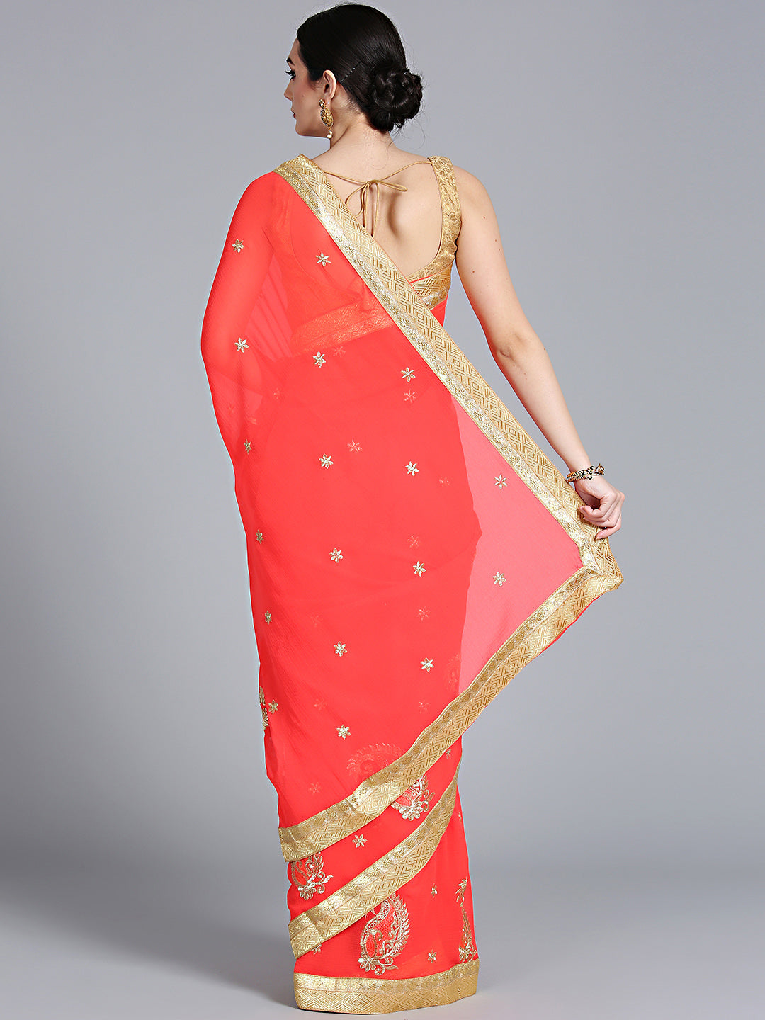 Resham & Zari Embroidered Georgette Saree with Floral Paisley Motifs
