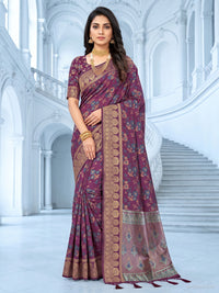 Purple Banarasi Silk Floral Woven Saree with Zari Border