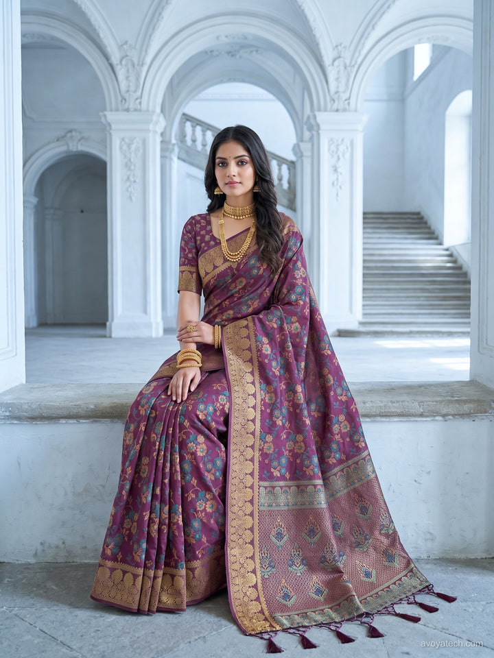 Purple Banarasi Silk Floral Woven Saree with Zari Border