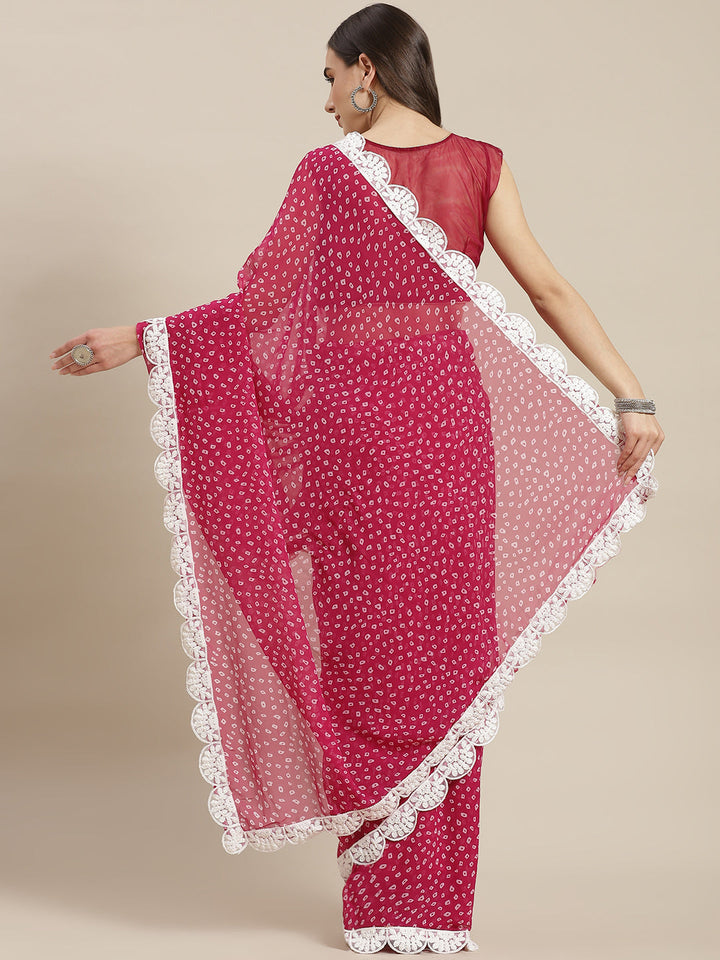 Magenta B&hani Print Georgette Saree with Resham Embroidered Border