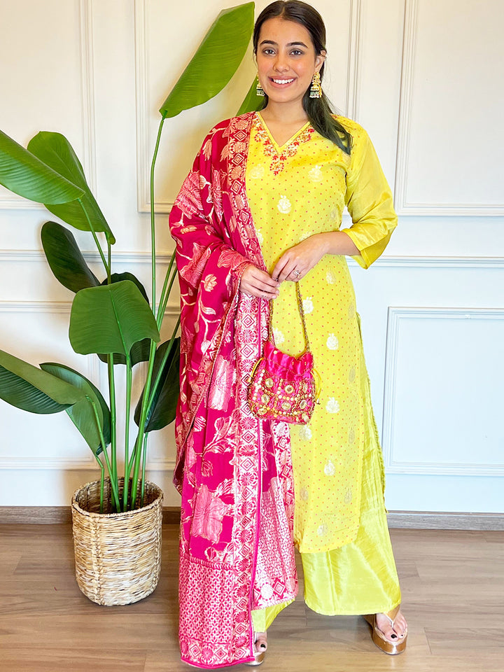 Chhaba 555 Banarasi Handloom Weaving Kurta Set with Zardozi Embroidered Neckline & Rose Motifs