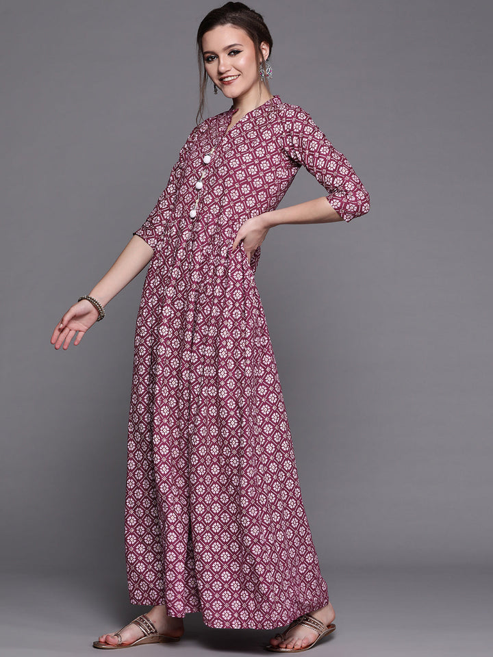 Burgundy ikat Printed Anarkali Kurta & Bandhani Dupatta