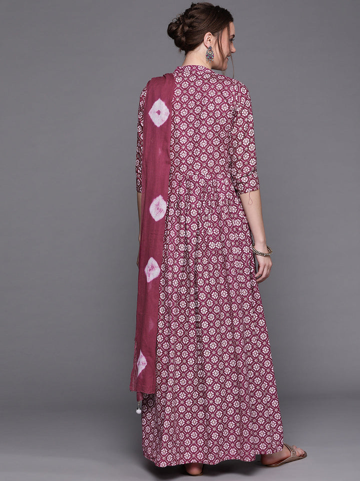 Burgundy ikat Printed Anarkali Kurta & Bandhani Dupatta