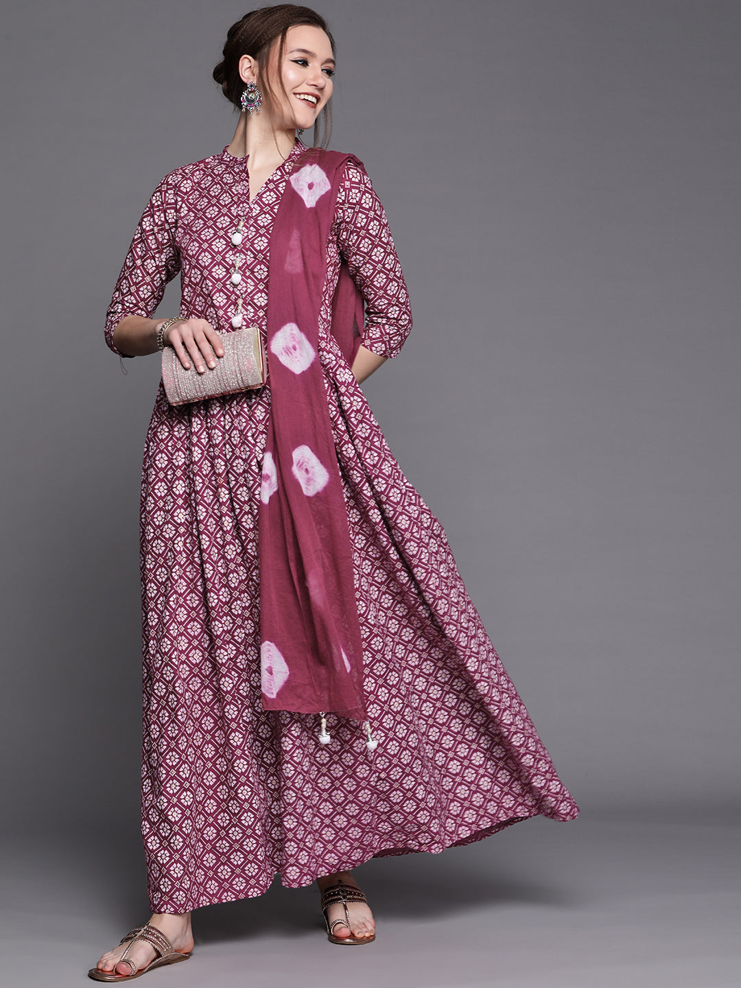 Burgundy ikat Printed Anarkali Kurta & Bandhani Dupatta