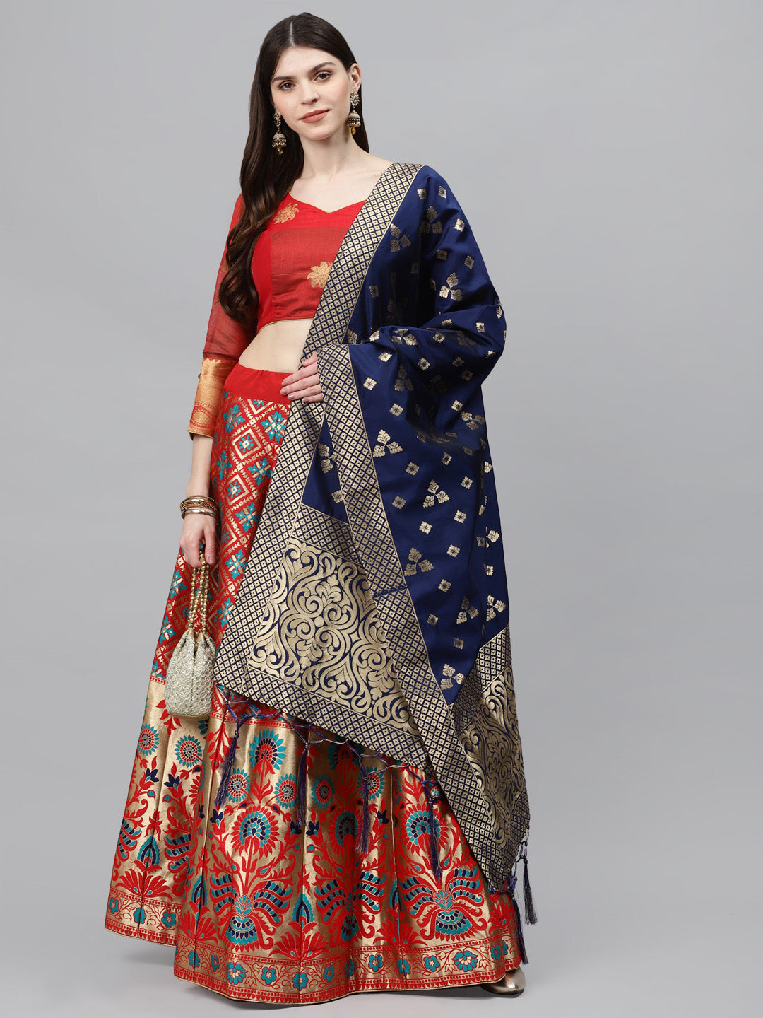 Semi Stitched Banarasi Silk Lehenga Choli With Zari & Resham woven floral design