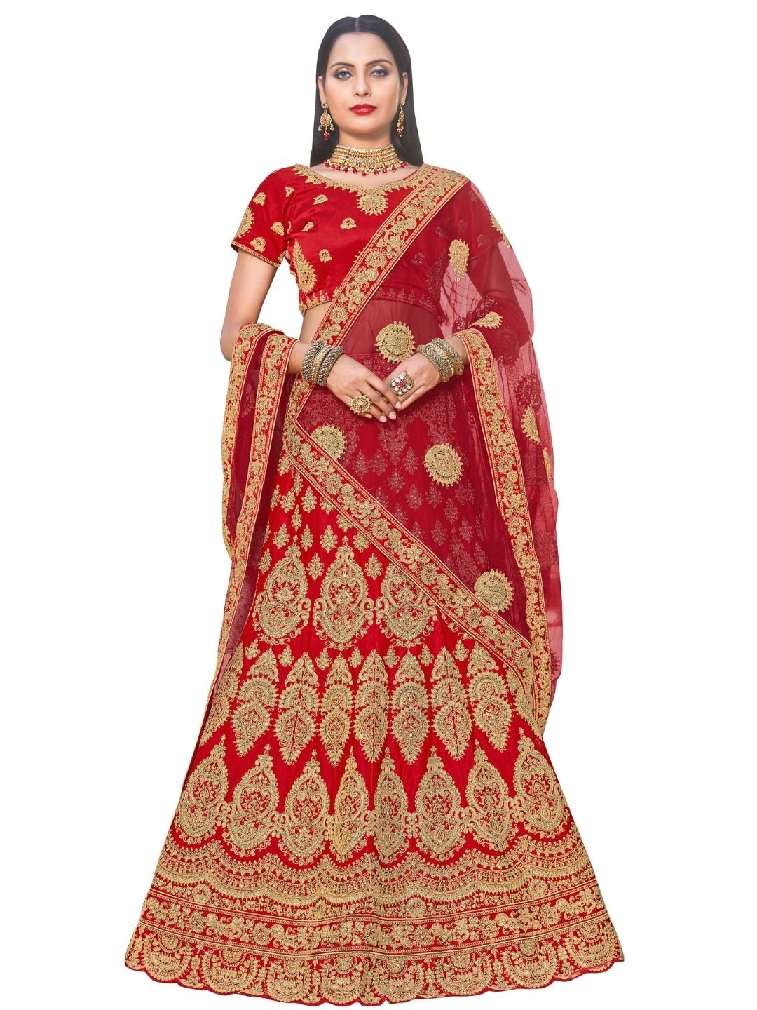 Gold & Red Satin Heavy Zari Embroidery Semistitched Lehenga Choli With Net Dupatta