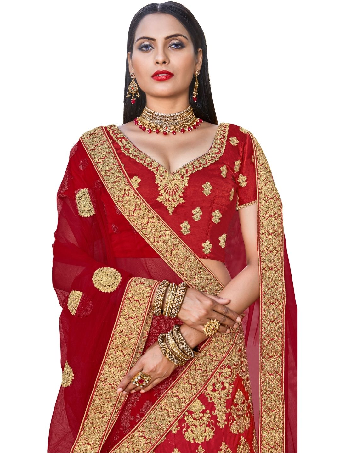 Gold & Red Satin Heavy Zari Embroidery Semistitched Lehenga Choli With Net Dupatta