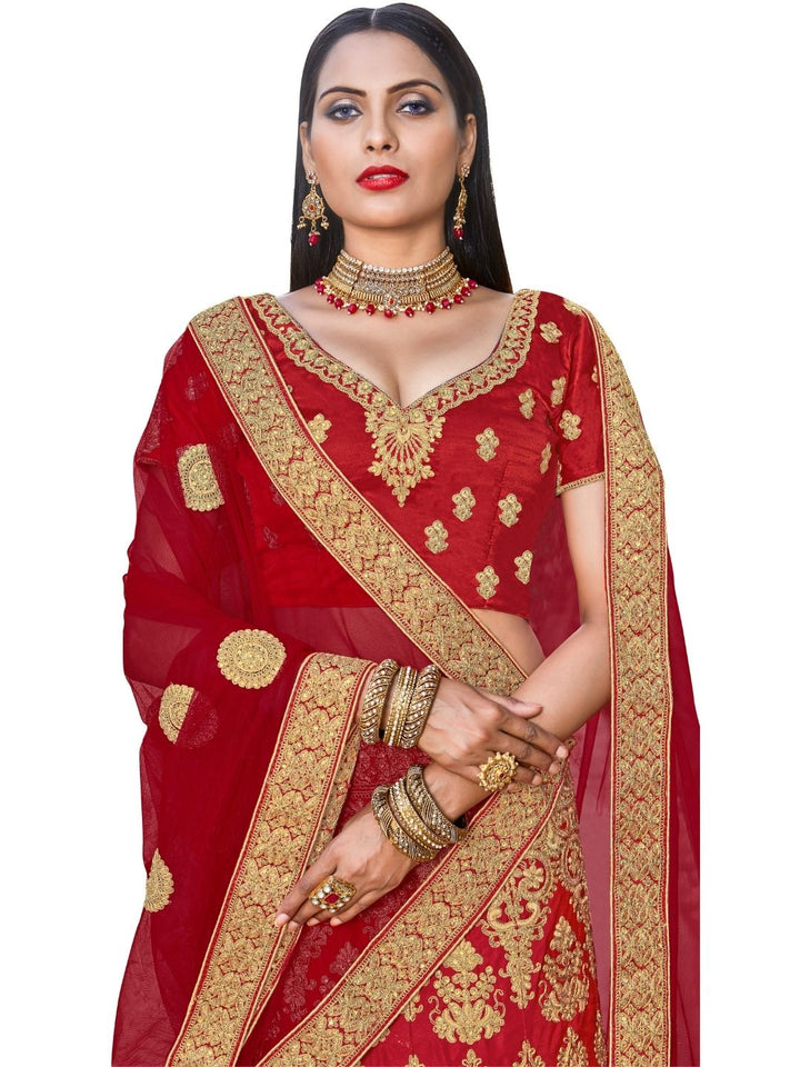 Gold & Red Satin Heavy Zari Embroidery Semistitched Lehenga Choli With Net Dupatta
