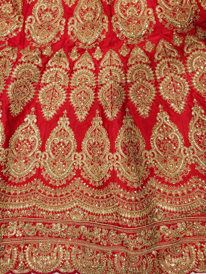 Gold & Red Satin Heavy Zari Embroidery Semistitched Lehenga Choli With Net Dupatta