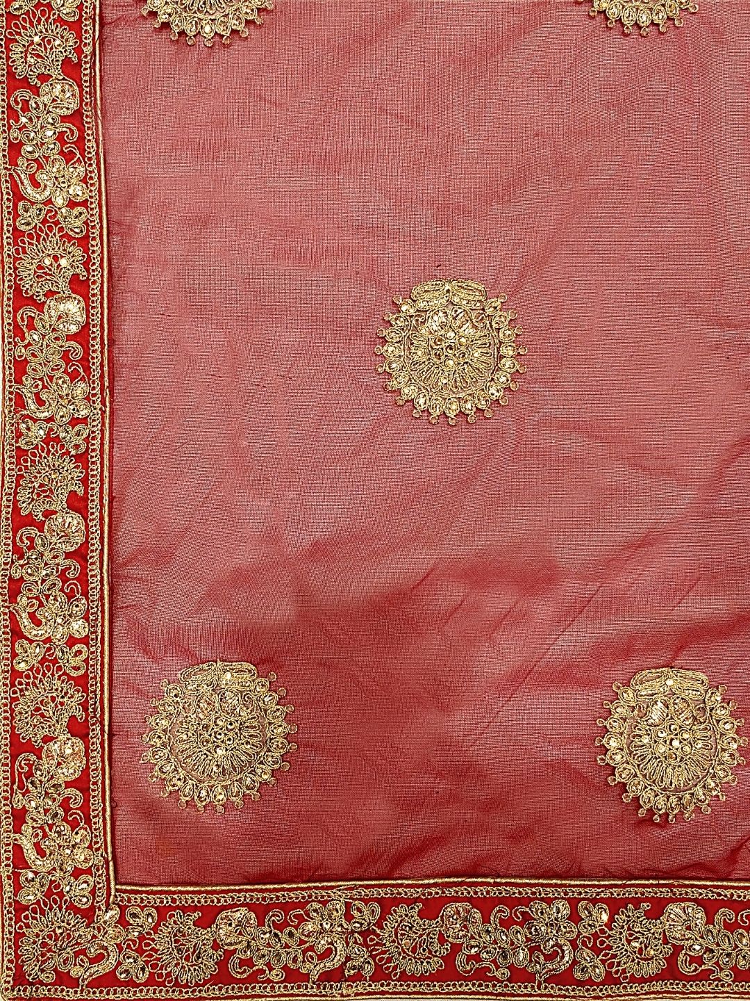 Gold & Red Satin Heavy Zari Embroidery Semistitched Lehenga Choli With Net Dupatta