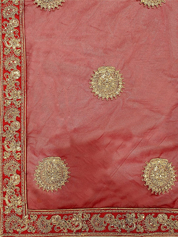 Gold & Red Satin Heavy Zari Embroidery Semistitched Lehenga Choli With Net Dupatta