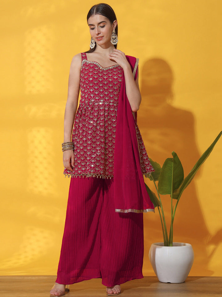 Sequin Embroidered Peplum Style Kurta Set with Pleated Pallazo