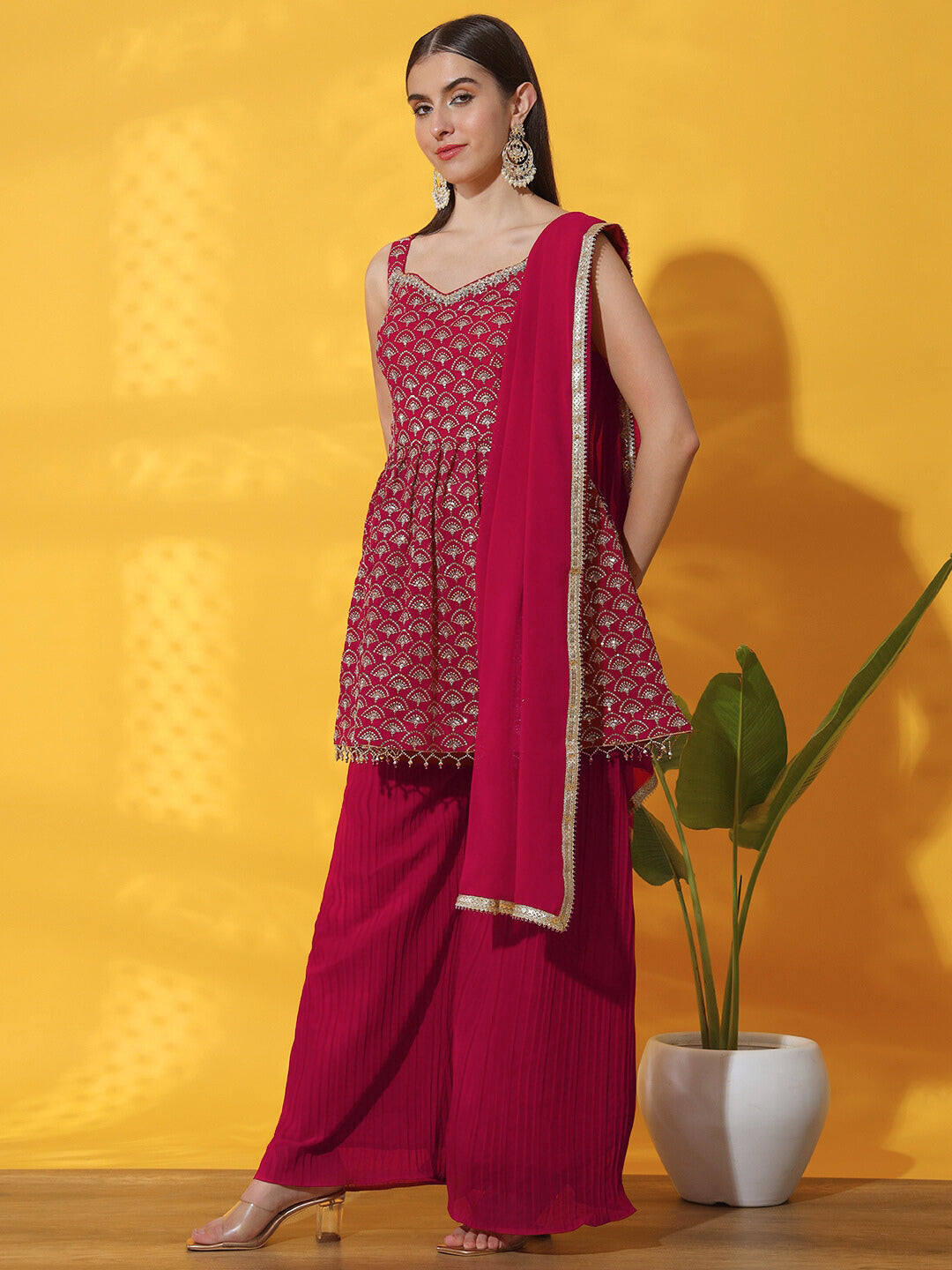 Sequin Embroidered Peplum Style Kurta Set with Pleated Pallazo