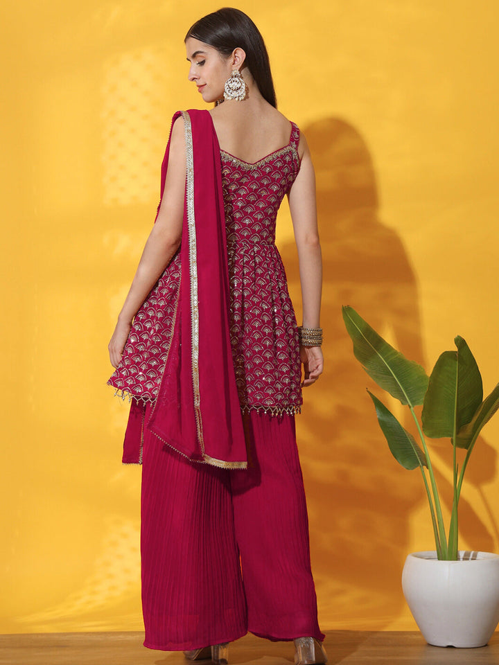 Sequin Embroidered Peplum Style Kurta Set with Pleated Pallazo
