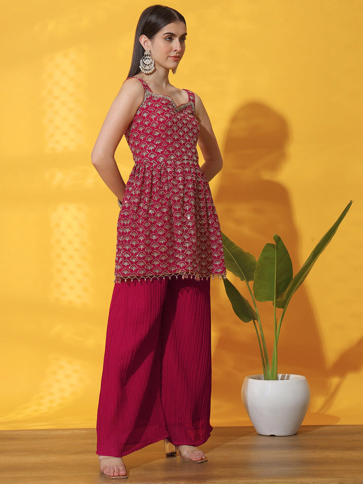 Sequin Embroidered Peplum Style Kurta Set with Pleated Pallazo