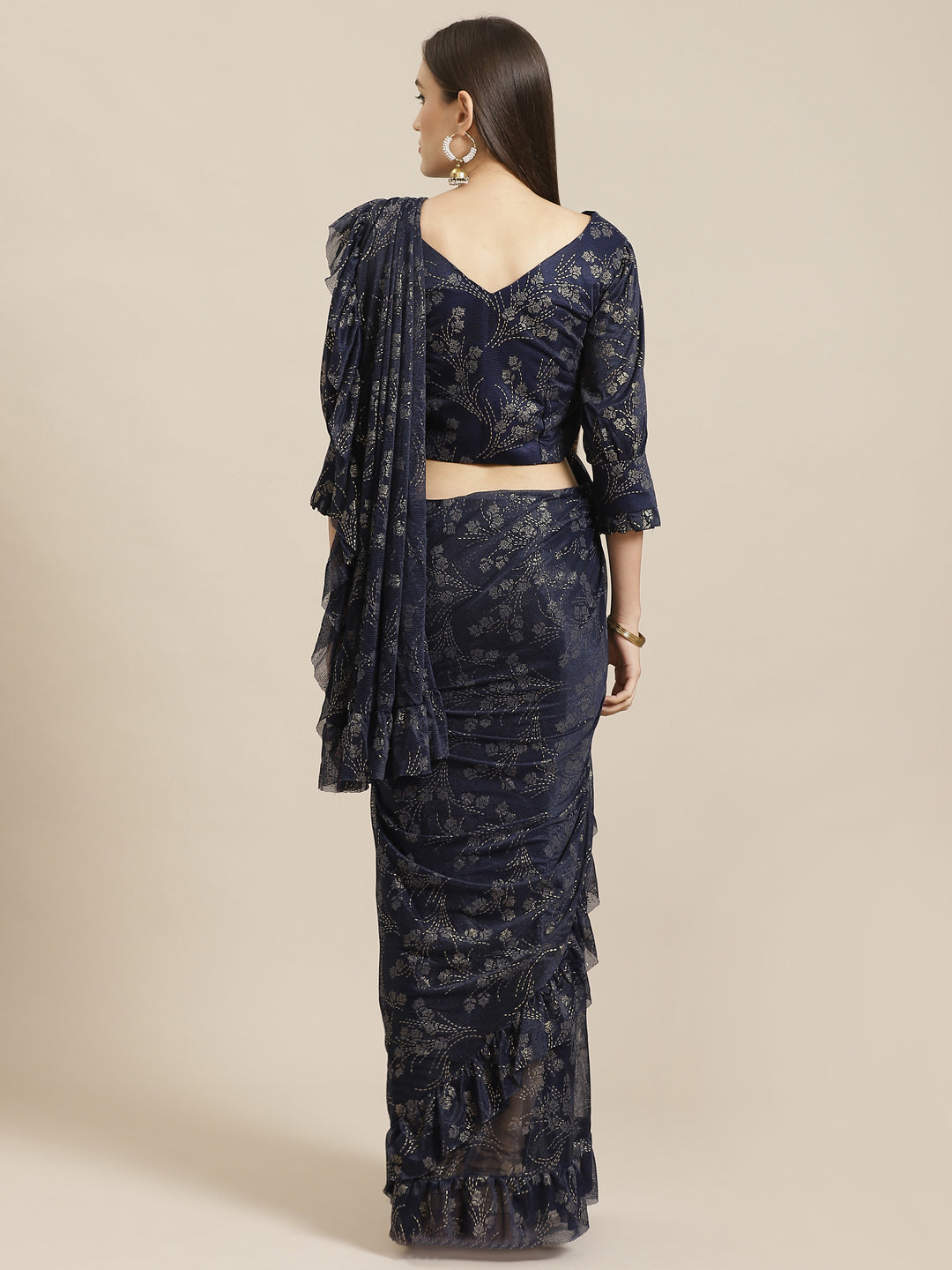 Ruffled Pre-Stitched Ruffles & Foil Printed Saree with Embellished Belt & Pleated Sleeve