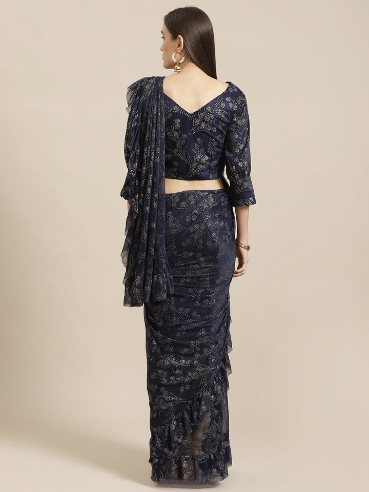 Ruffled Pre-Stitched Ruffles & Foil Printed Saree with Embellished Belt & Pleated Sleeve