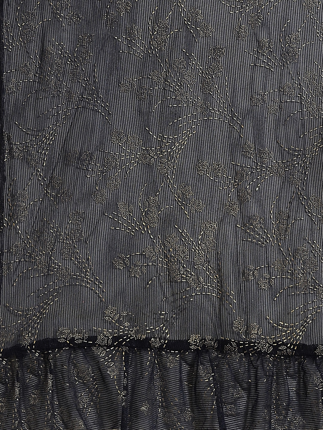 Ruffled Pre-Stitched Ruffles & Foil Printed Saree with Embellished Belt & Pleated Sleeve