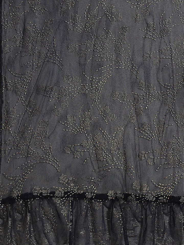 Ruffled Pre-Stitched Ruffles & Foil Printed Saree with Embellished Belt & Pleated Sleeve