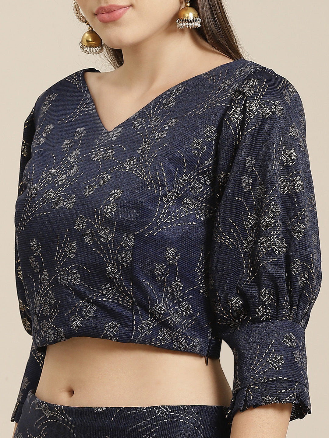 Ruffled Pre-Stitched Ruffles & Foil Printed Saree with Embellished Belt & Pleated Sleeve